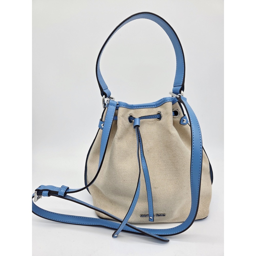 Michael Kors Maeve Ivory Canvas Blue Leather Trim Bucket Shoulder Bag Shoulder S